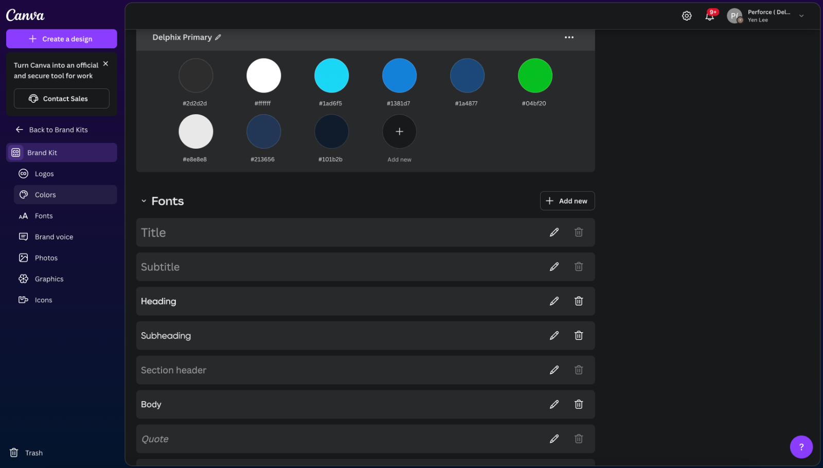 Delphix brand kit color palette and font roles in Canva