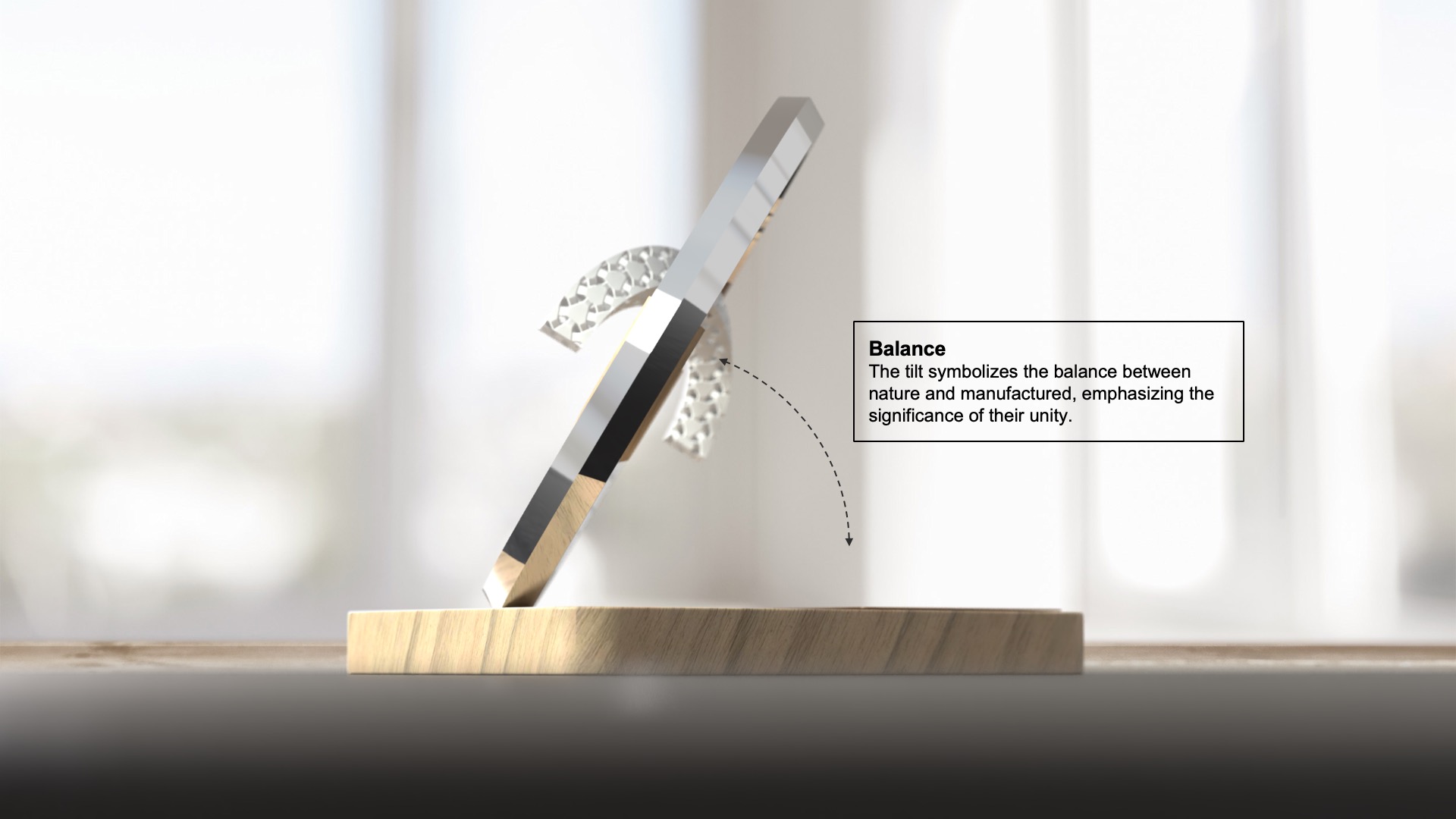 Trophy balance: the tilt symbolizes the balance between nature and manufactured